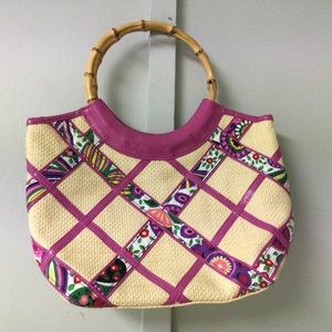 Viva La Vera Bradley Medium Purse Bamboo Handle Pink and Tan straw